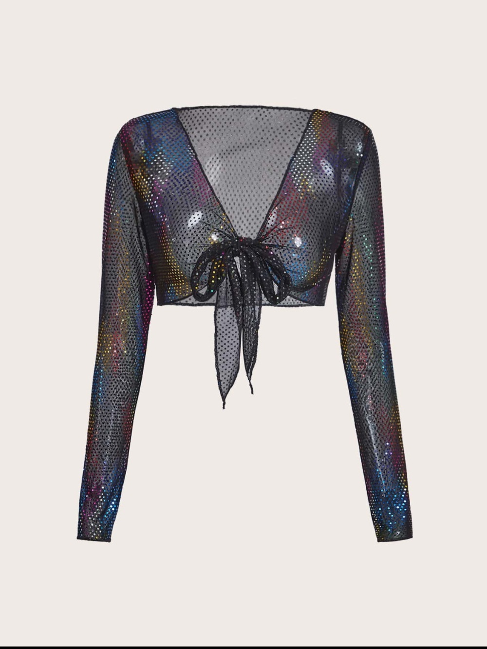 Cropped Front-Knot Sequin Black Top